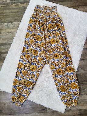 Cotton Boho Floral Smocked Harem Pants Jumpsuit  in Mustard & Blue